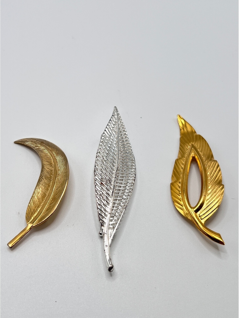 Vintage Leaf Brooch Lot of 3 Gold Silver Tone Textured Feather Pins